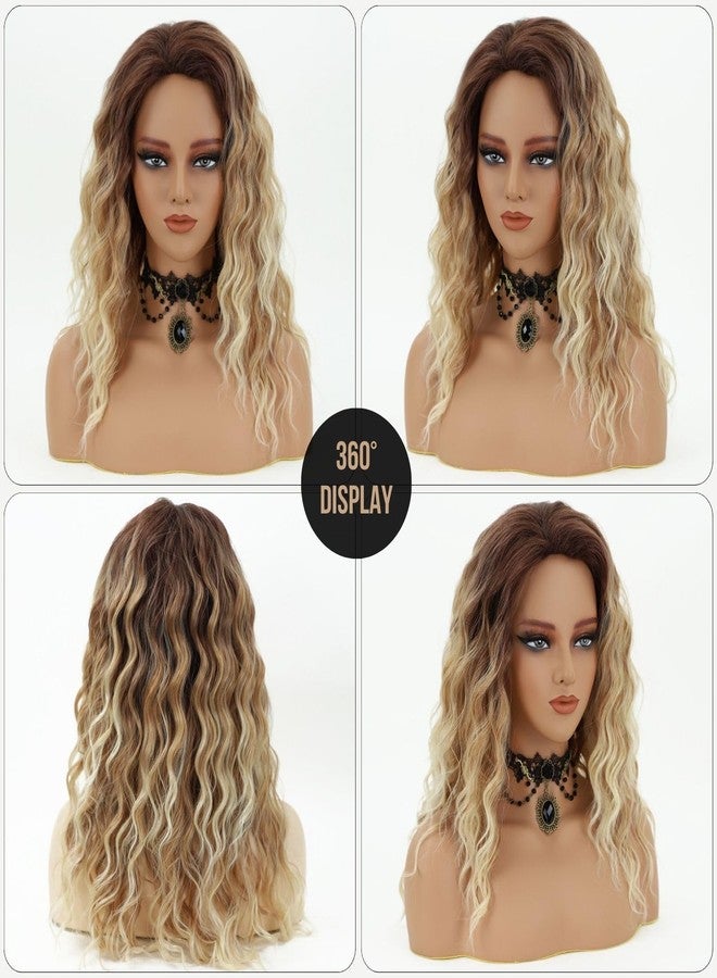 Fencca Ombre Blonde Curly Wigs for Women Medium Length Synthetic Wig Afro Wave Curly Free Part Fluffy Wig 18 inch Curly Wavy Hair Replacement Wig - Image 4